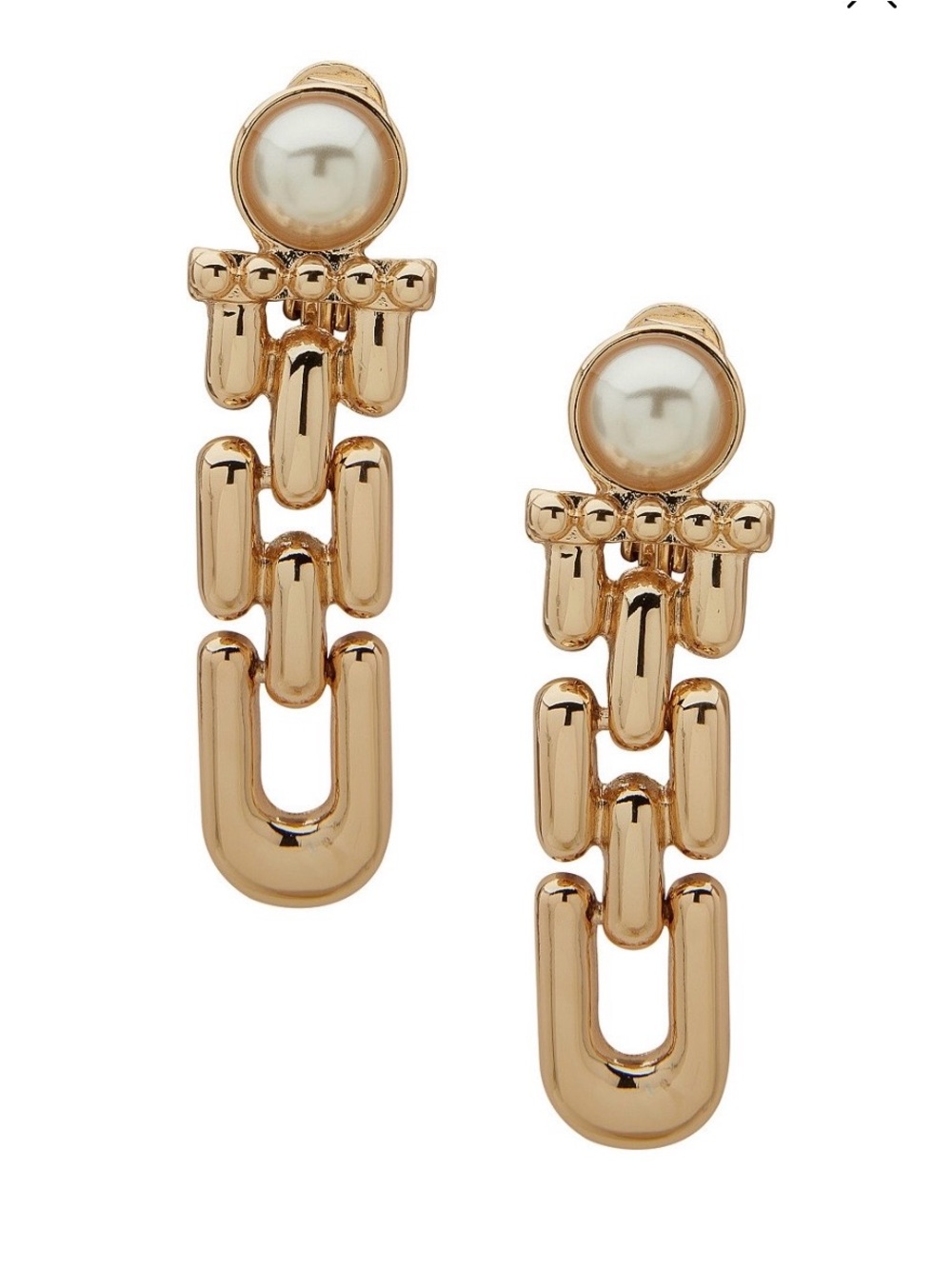 Anne Klein Pearl Gold-Tone Linked Linear Drop Earrings EZ Comfort CLIP ON
